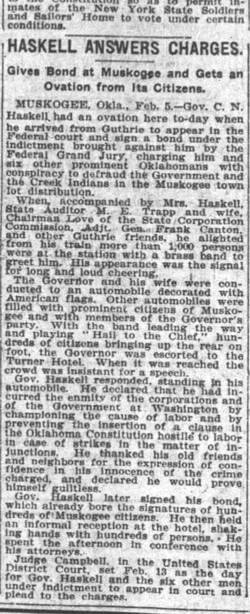 Governor Haskell Answers Charges, The New York Times, Feb 6, 1909, Muskogee, OK