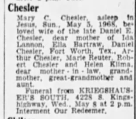 Mary Chesler Obituary St. Louis Post Dispatch, 7 May 1968, Page 20.