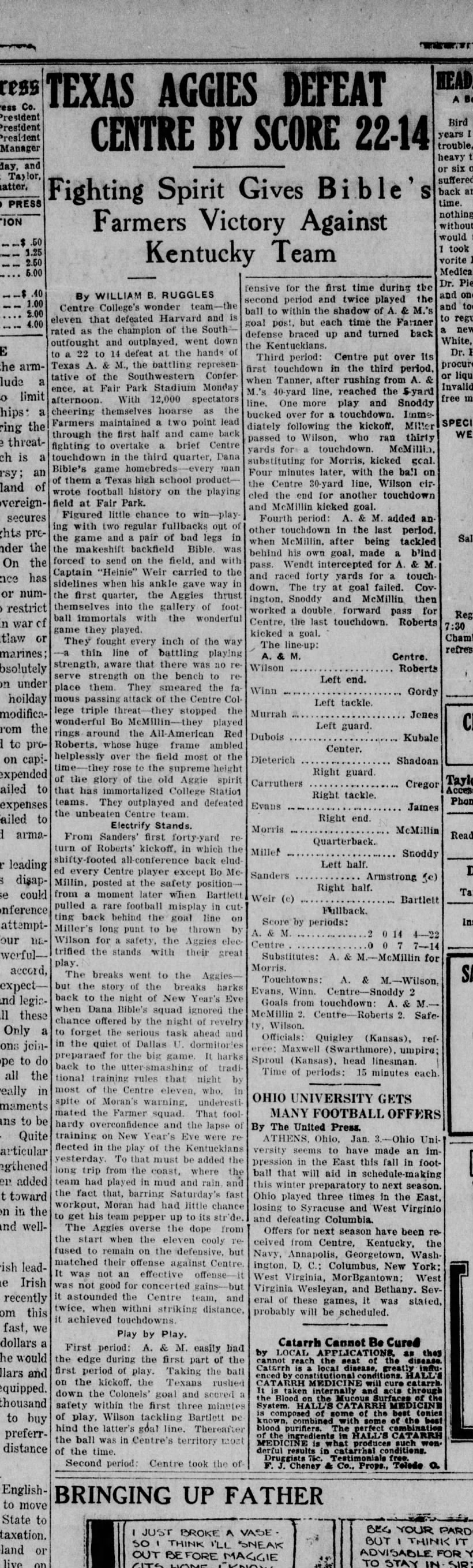 Texas A&M vs Centre College- 
1922 Dixie Classic-
 12th Man
Taylor Daily Press