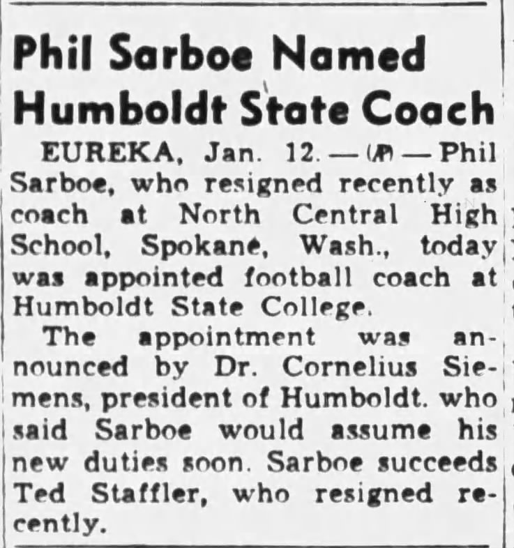Phil Sarboe Named Humboldt State Coach