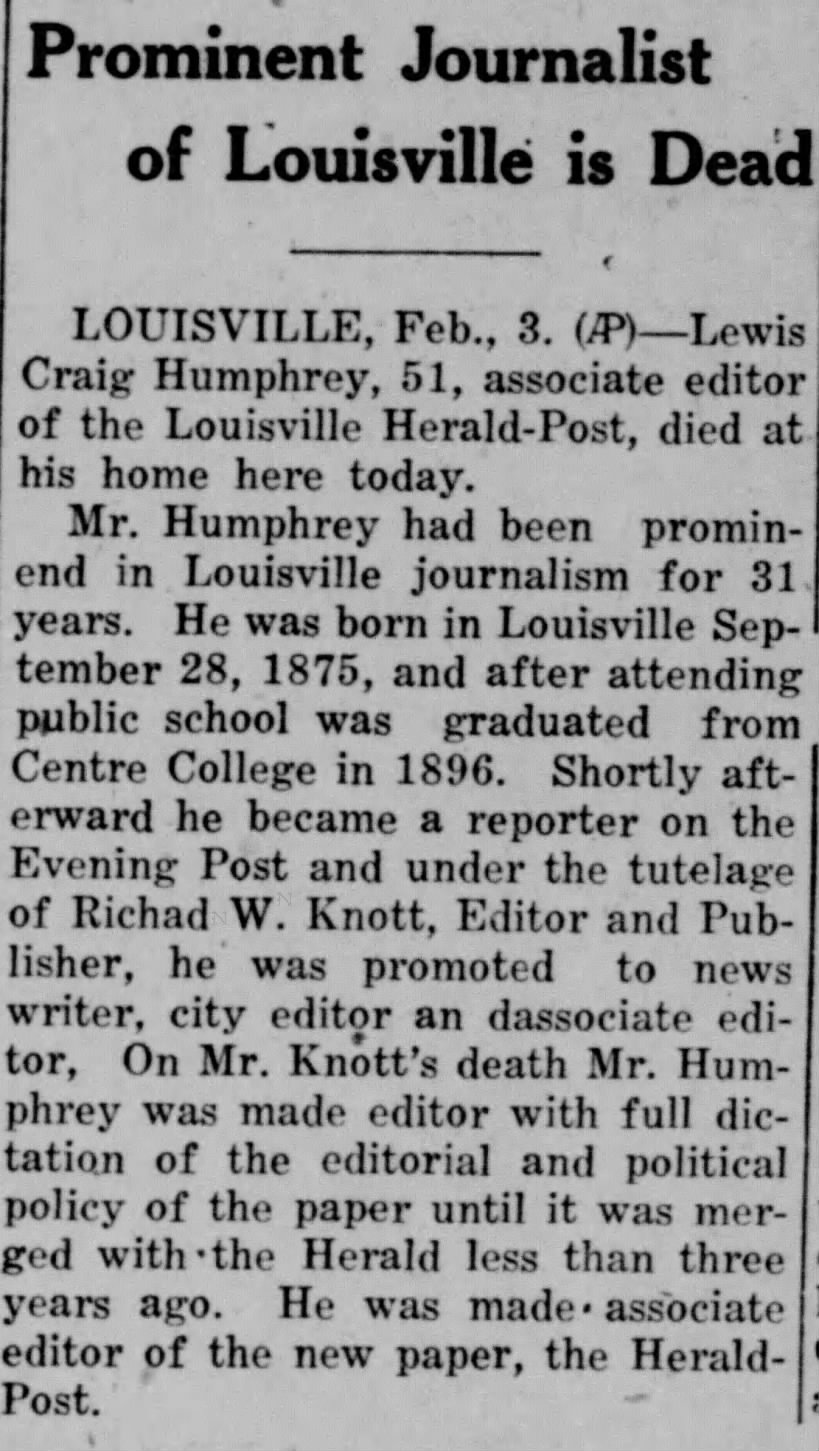 Louisville editor dies. Kingsport Times 3 Feb 1927, Thu. p.7