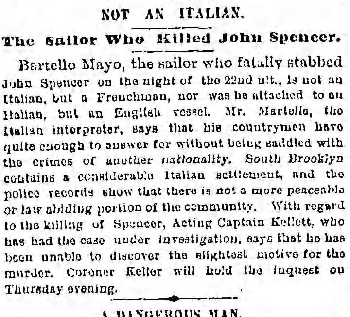 The Brooklyn Daily Eagle Brooklyn, NY
Nov. 1 1881 
The murder of John J. Spencer