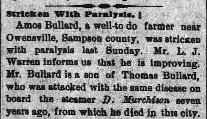 Bullard, Amos. The Weekly Star(Wilmington, NC)4 Sep 1885 - illness