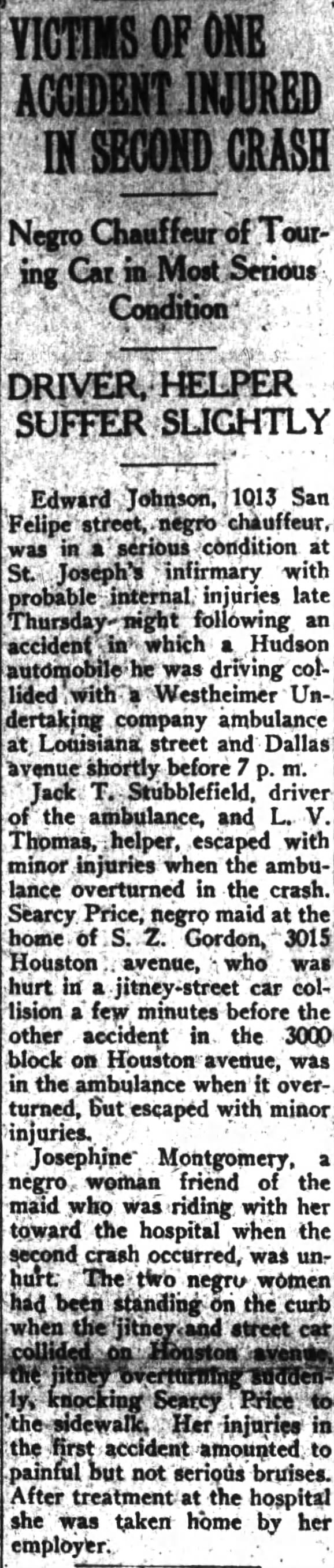 L. V. Thomas, ambulance helper
The Houston Post, 11-1-1924, p.1