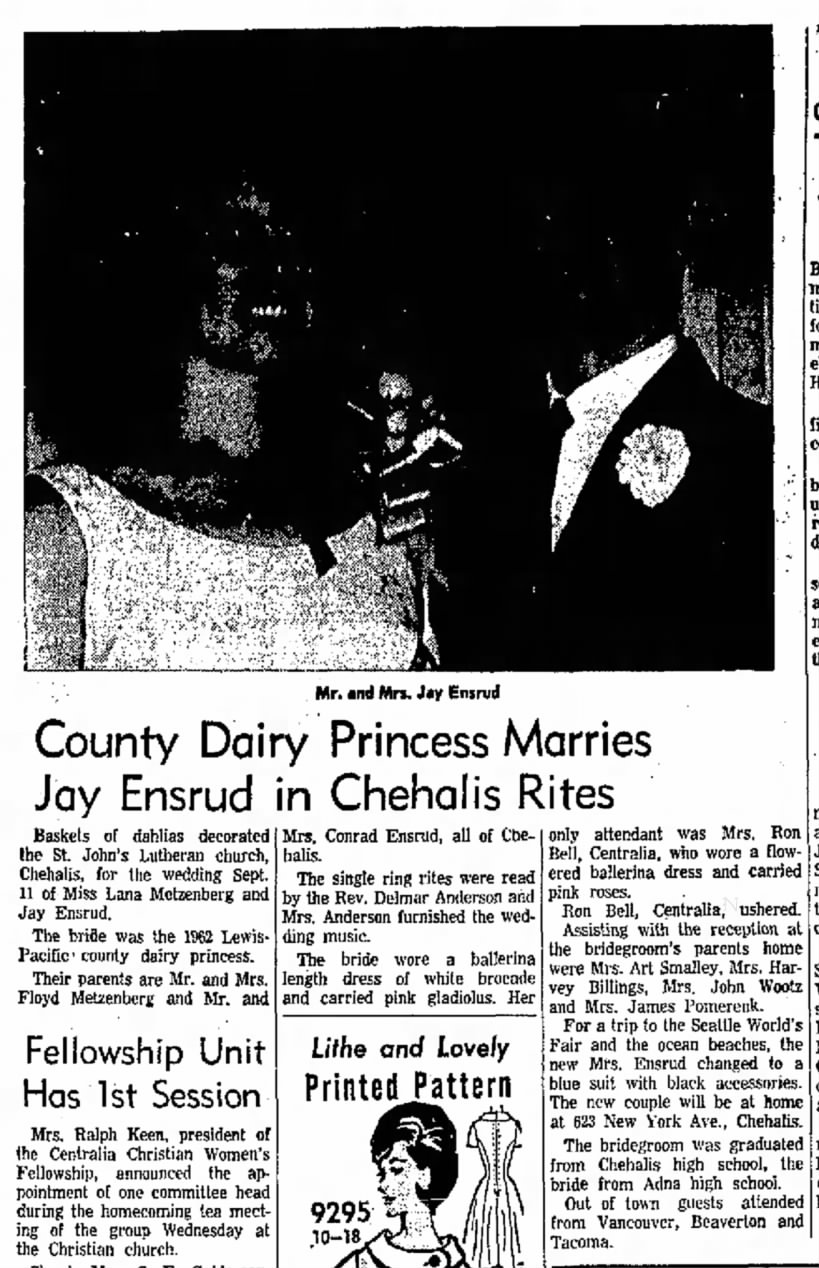 Metzenberg, Lana marries Ensrud, Jay, 1962

