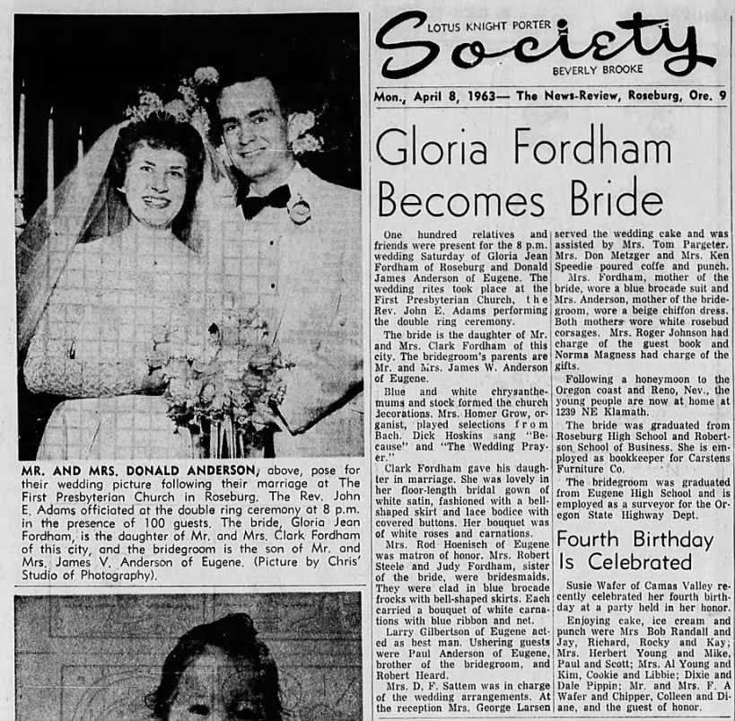 Mr. and Mrs. Donald Anderson photo and wedding article (666-J Aasletten Book)