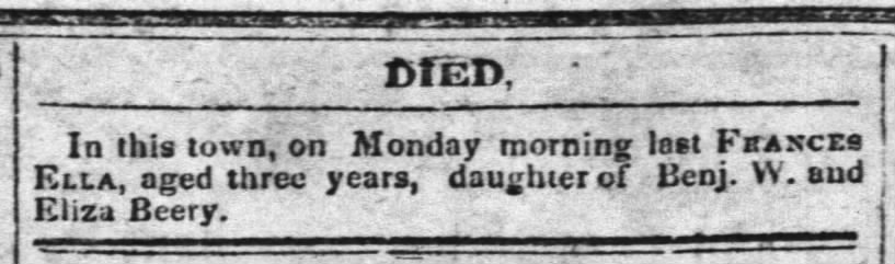Frances Ella Beery death Jun 1850