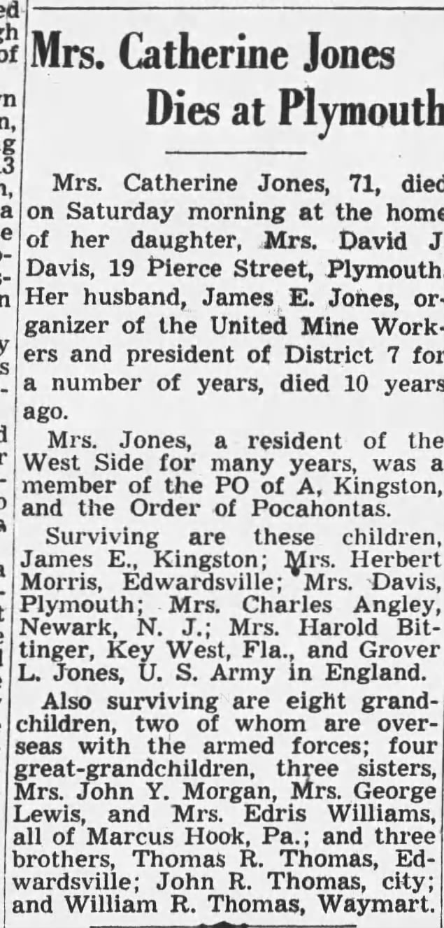 Mrs. Catherine Jones Dies at Plymouth