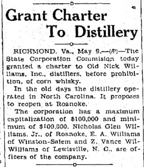 The Bee, Danville VA 5/9/1934
Grant to Charter Distillery