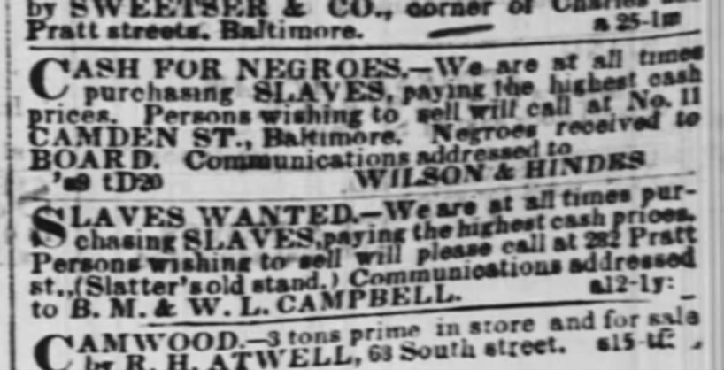 Cash for negroes in Baltimore, Maryland for slaves 1857