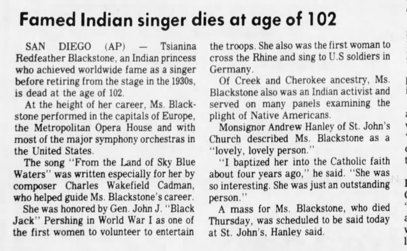Tsianina Redfeather Blackstone  our Creek and Cherokee American Indian death notice January 1985