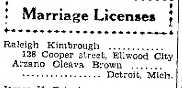 Marriage licenses of Raleigh Kimbrough and Arzano Oleava Brown. Published 14 November 1934.