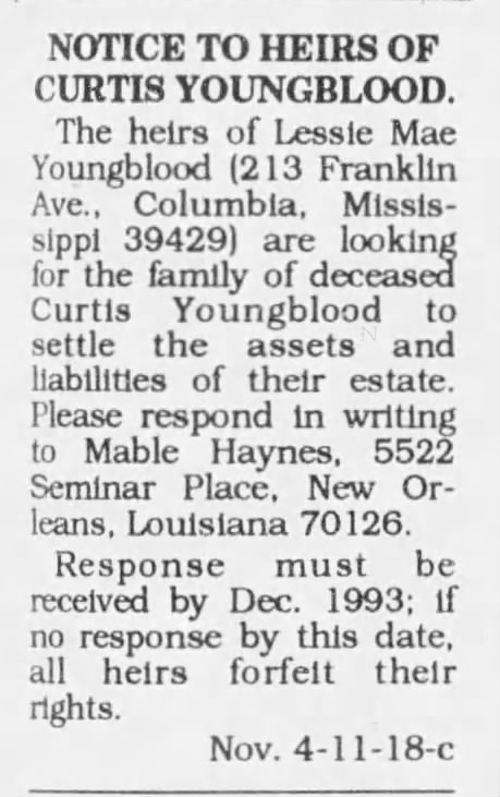 Notice of Heirs of Curtis Youngblood
