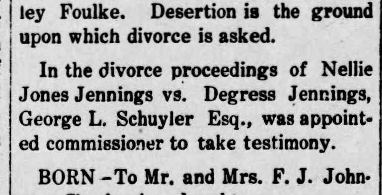 Degress Jennings divorce... Nellie jones 1909