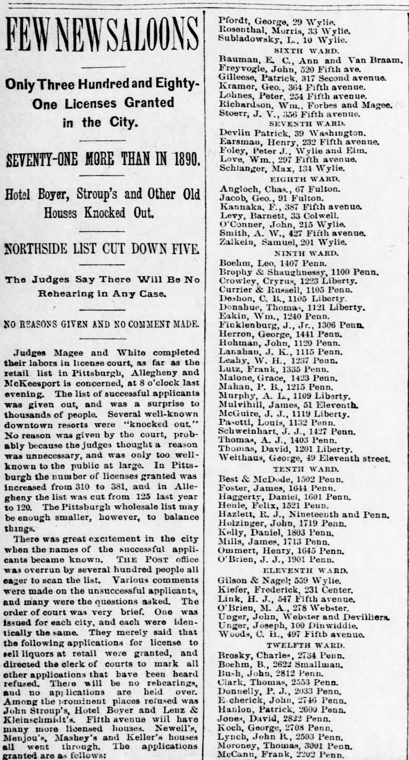 Frederick Kannaka liquor license granted. Pittsburgh Daily Post - April 14, 1891