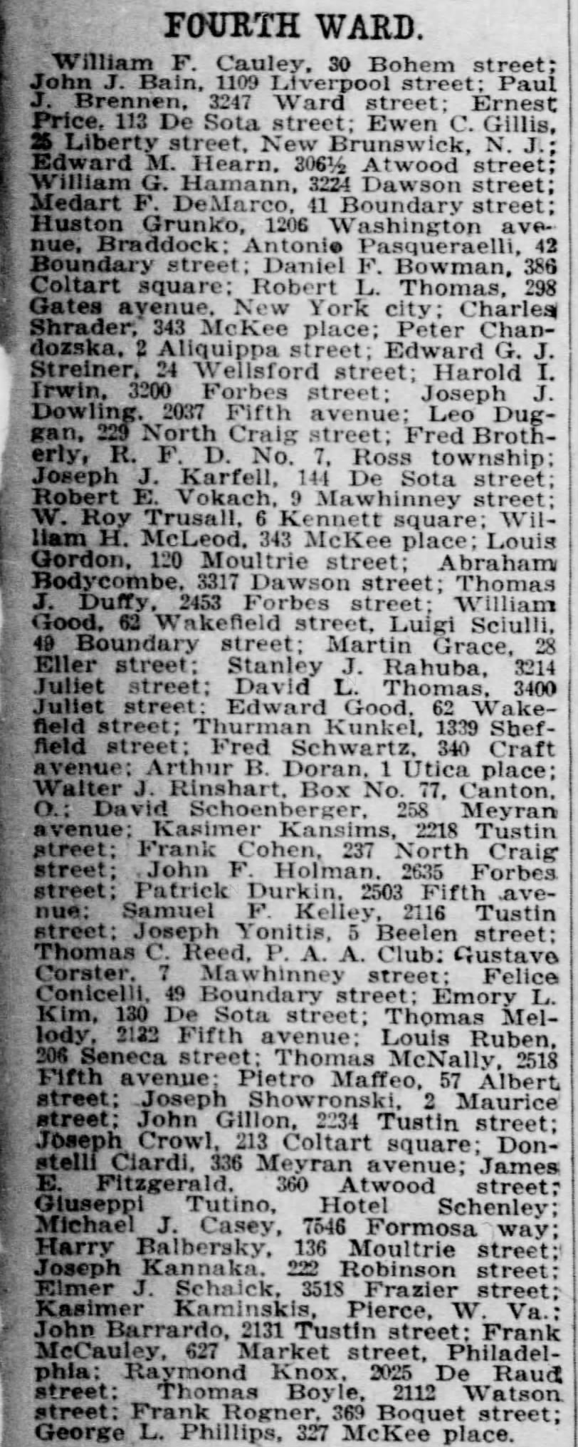Joseph Kannaka listed in Fourth Ward. Pittsburgh Daily Post - July 25, 1918