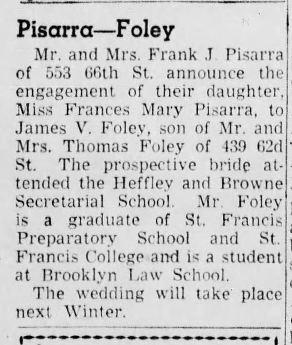 Pisarra-Foley engagement announcement, Brooklyn, 1949