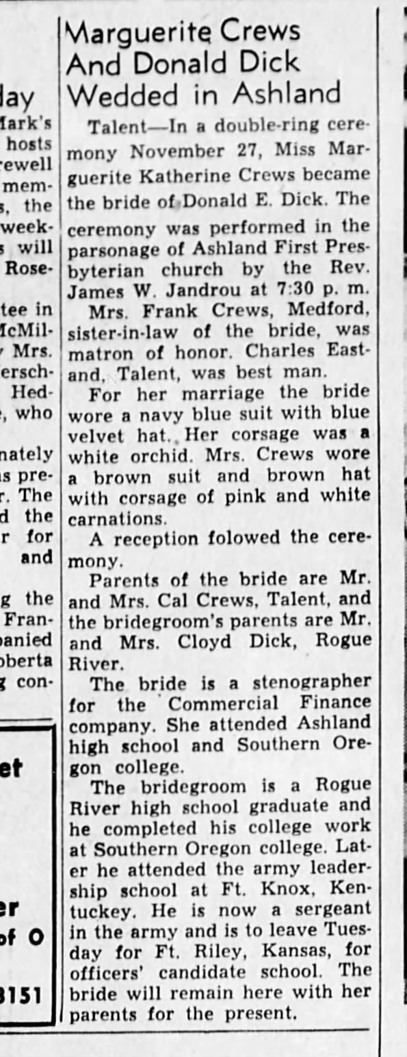Marguerite Crews and Donald Dick Wed Medford Mail Tribune 02 December 1951