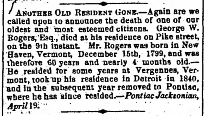 Another Old Resident Gone - George W. Rogers obit (from "Pontiac Jacksonian" of April 19)
