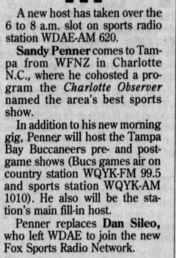 "Radio Notes", Tampa Bay Times (St. Petersburg, Florida) July 25, 2000 page 31
