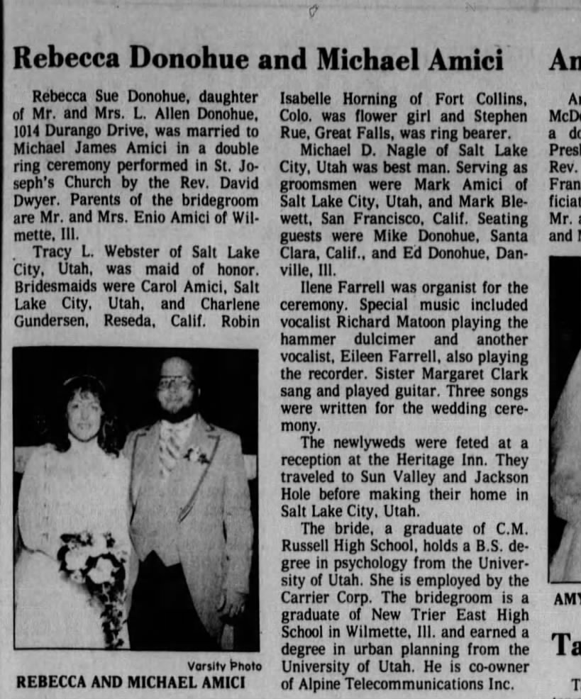 Becky Lamping and Michael Amici Wedding announcement. Great Falls Newspaper 10.10.1982