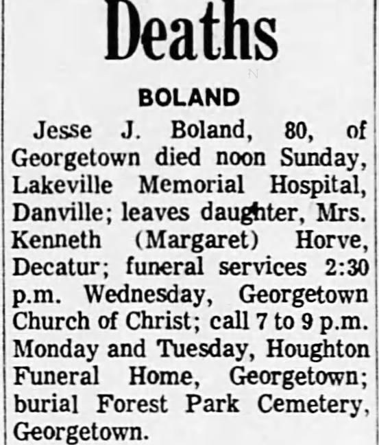 Jessie Boland death notice in Decatur newspaper. 4.12.1971