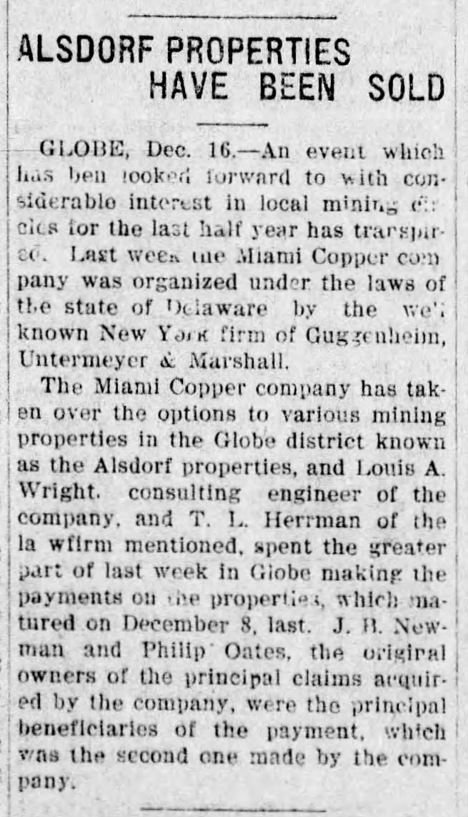 Miami Copper organized Star 17Dec1907  J.B. Newman Philip Oates