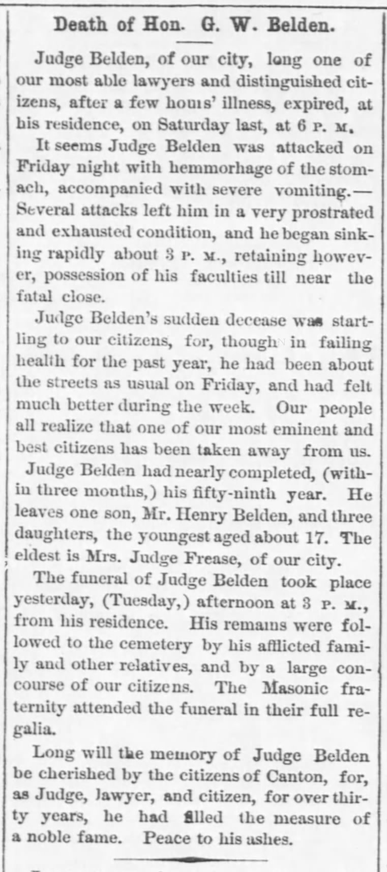 Death of George W. Belden; Stark County Democrat 8/19/1868