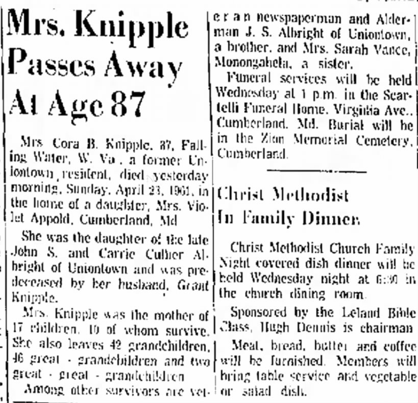 Cora Albright Knipple obituary - 24 April 1961, Evening Standard, Uniontown, PA