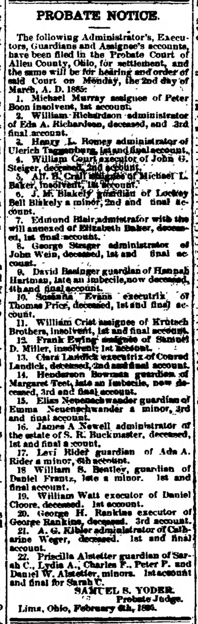 Priscilla Alstetter probate notice - 7 Feb 1885, Lima News, Lima OH