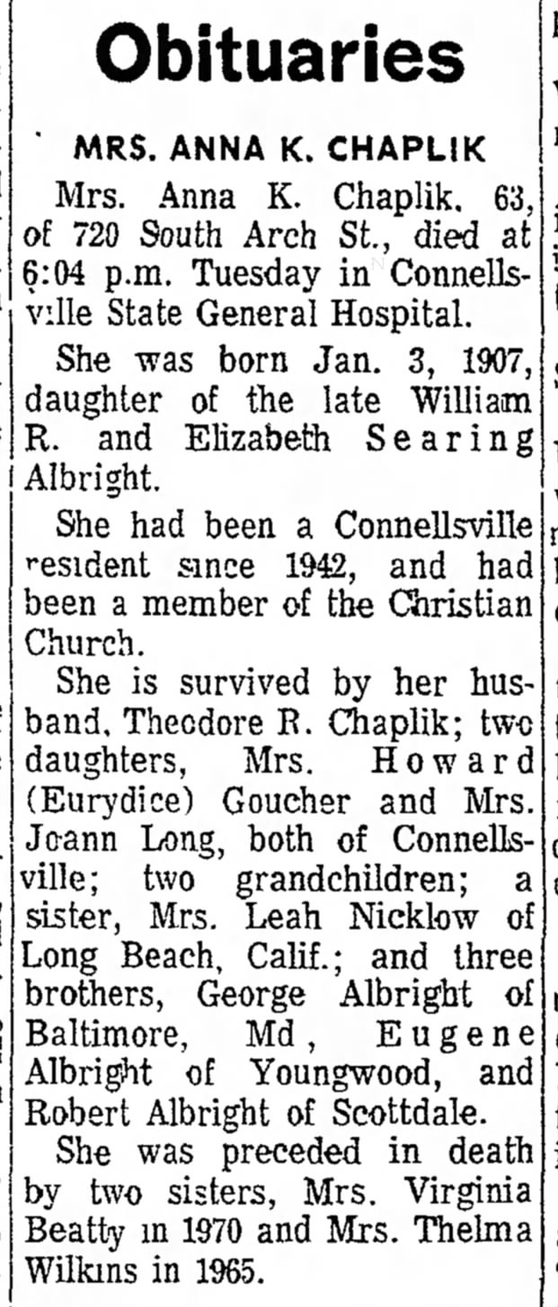 Anna Albright Chaplik obituary - 21 Oct 1970, Daily Courier, Connellsville, PA