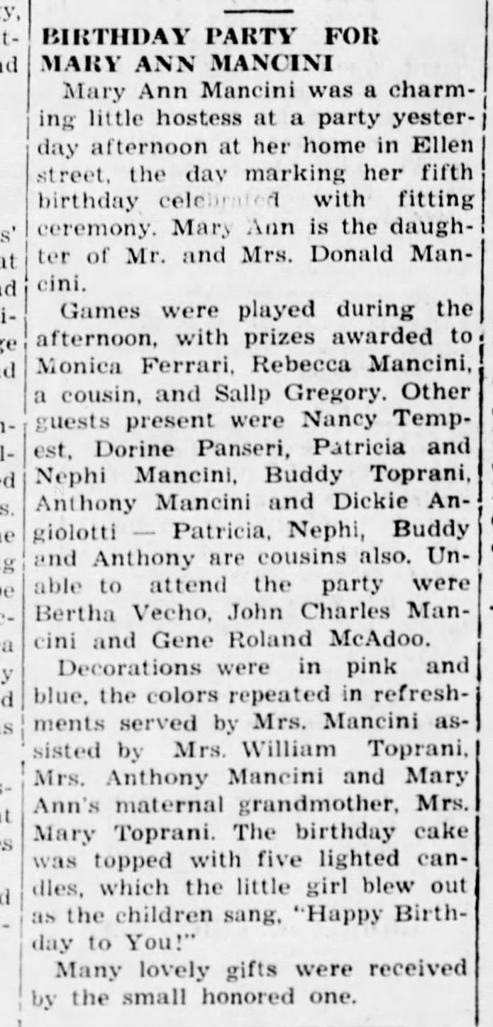 Mary Ann Mancini fifth birthday party - 28 July 1944, Daily Republican, Monongahela, Pennsylvania
