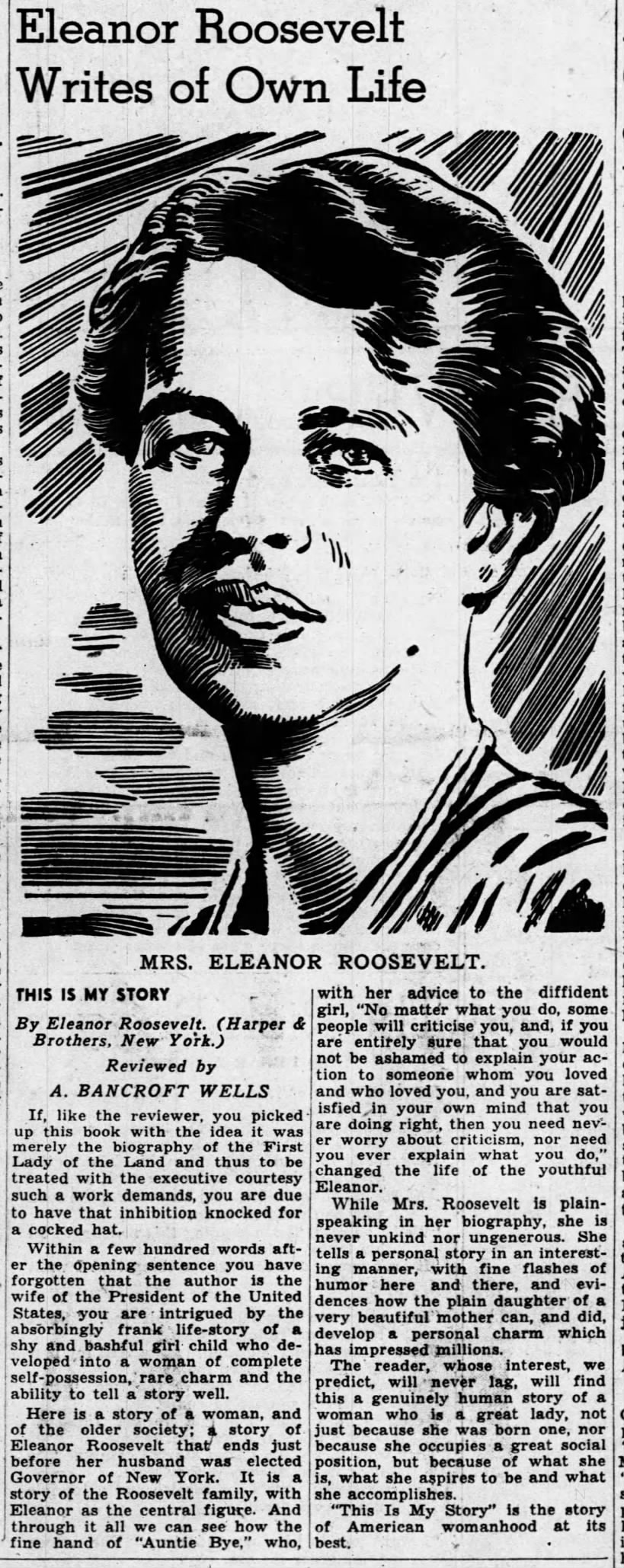 Eleanor Roosevelt Writes of Own Life