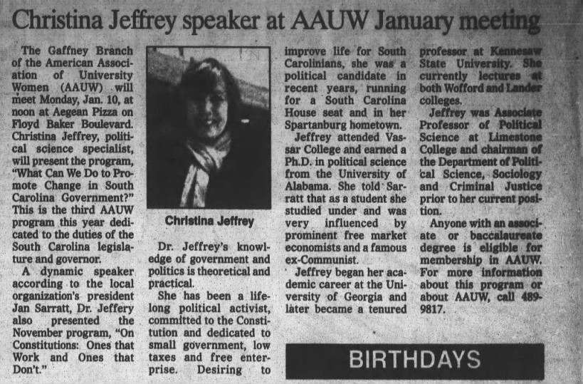 Christina Jeffrey speaker at AAUW January meeting