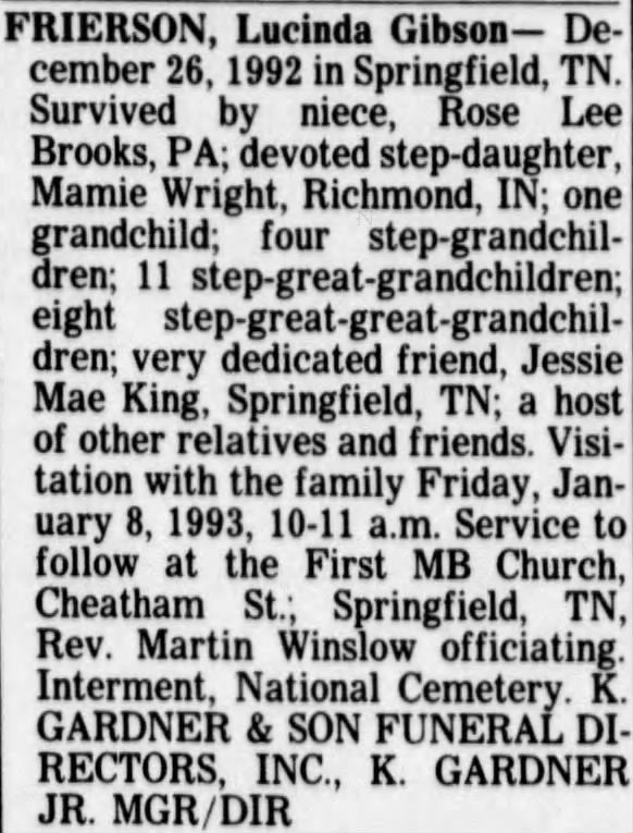 Jessie Mae King-Obituary for Friend Lucinda Gibson Frierson