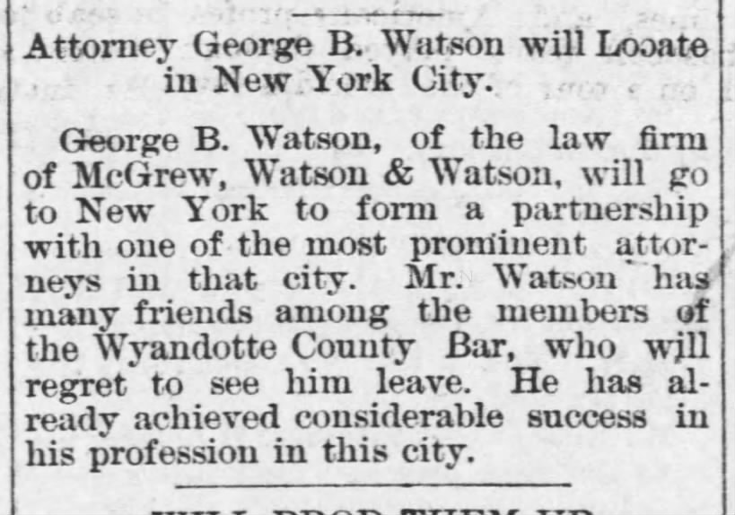 1894 07 16 KC Gazette p1 George Watson to NYC