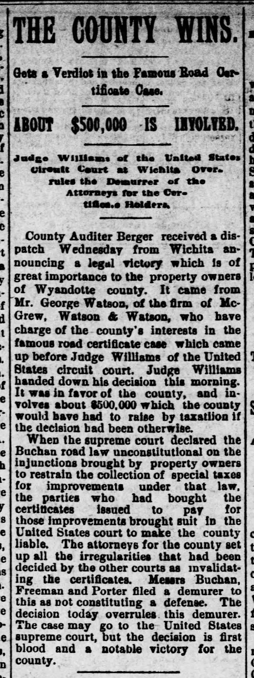 1894 05 17 KC Gazette p5 George Watson wins road case