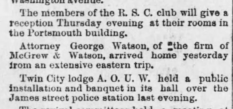 1893 01 11 KC Daily Gazette p3 George  Watson back from NY