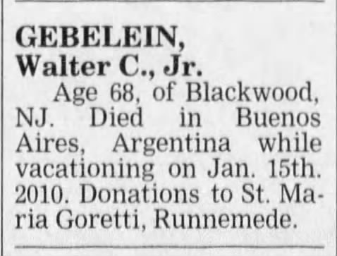 Walter Gebelein's death notice
