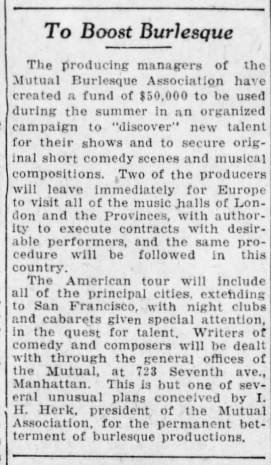 Mutual Burlesque "unusual plans" 1927