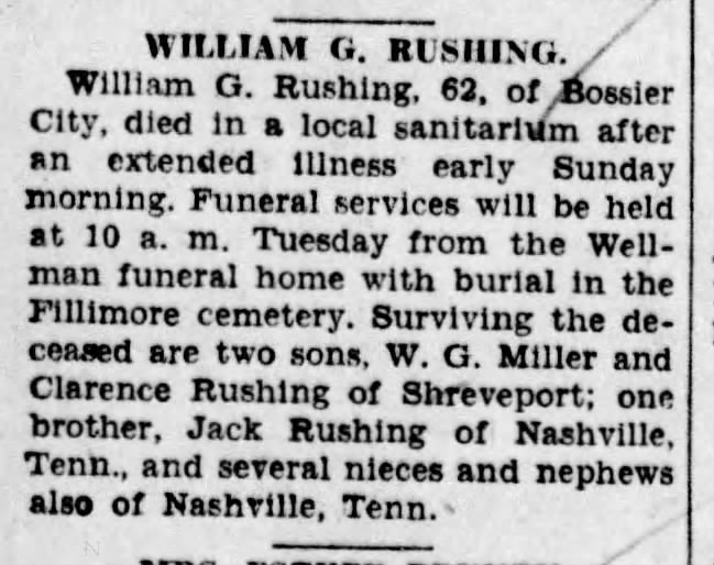William G Rushing obituary 1935