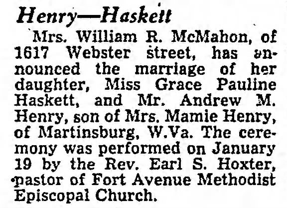 Grace Pauline Haskett marriage to Andrew M Henry