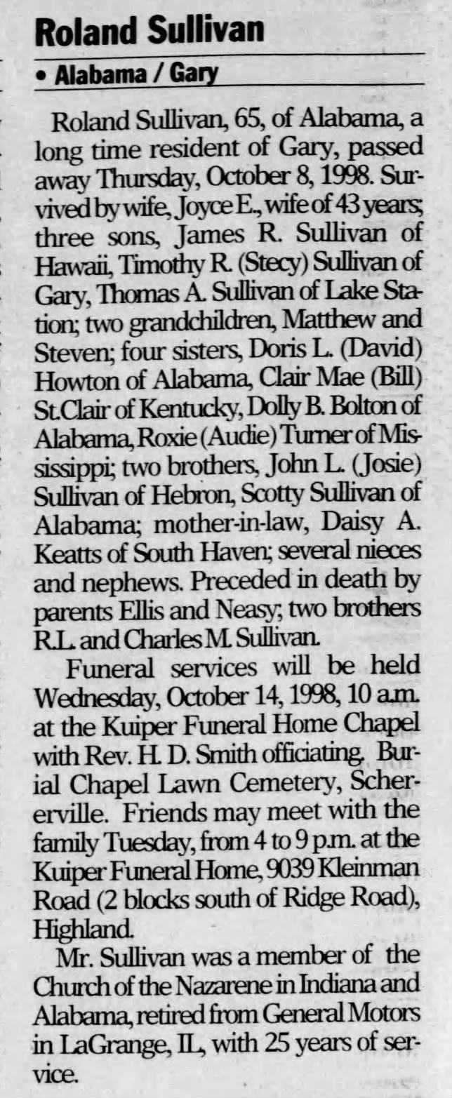Sullivan, Roland- obit- The Times Munster IN- 13 Oct 1998 Tues- page B-4 col last
