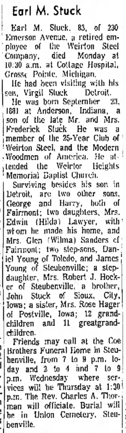 Stuck, Earl M.- obit- The Weirton Daily Times 8 Dec 1964 page 2