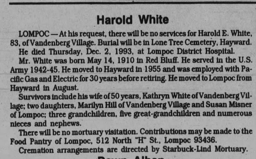 Obituary for Harold E. White, 1910-1993 (Aged 83)