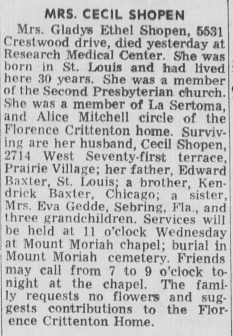 Obituary for Gladys Shopen 1971