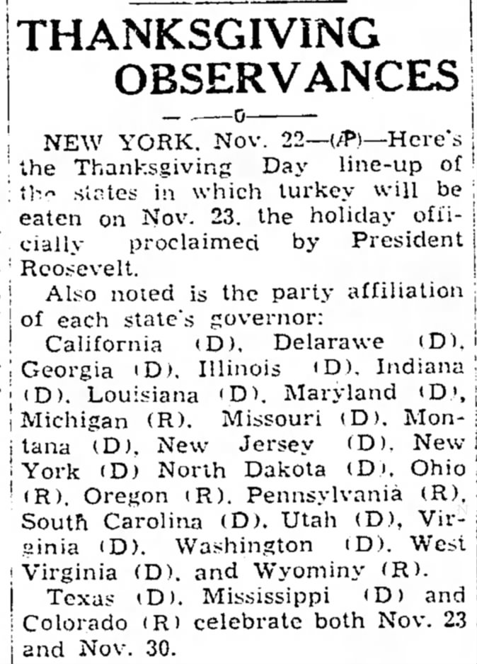 States follow Roosevelt's decision to celebrate Thanksgiving a week early