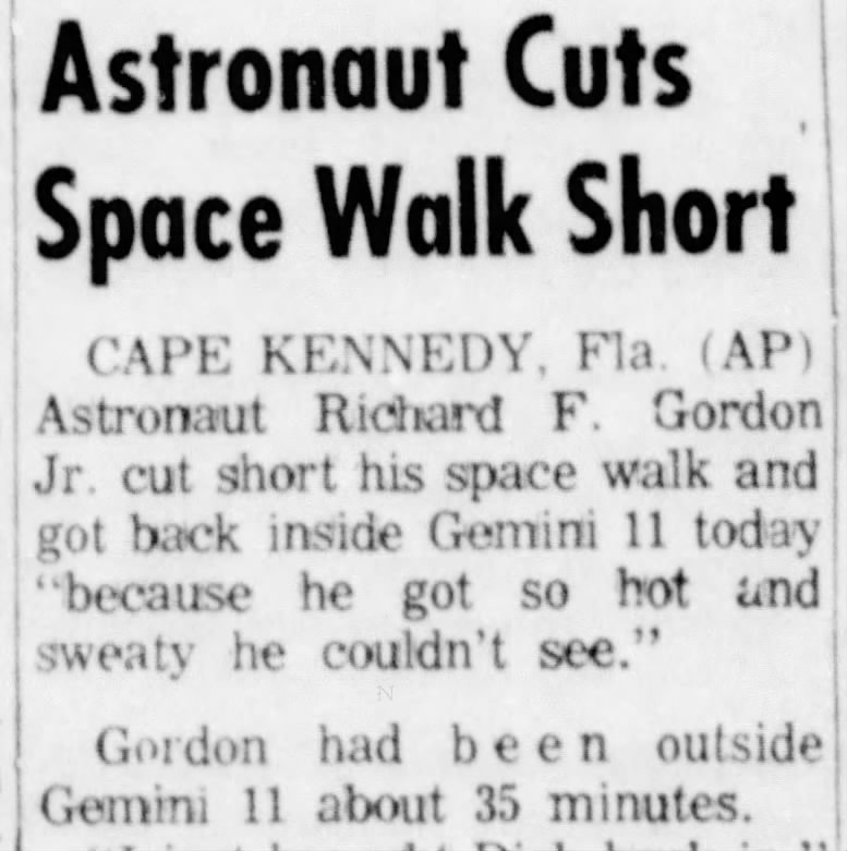 Gemini 11 "Astronaut Cuts Space Walk Short" Because of Heat