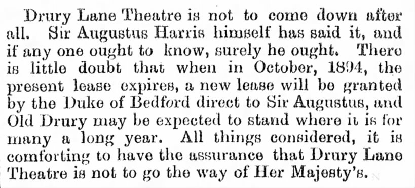 Famous "Drury Lane Theatre Is Not to Come Down After All"