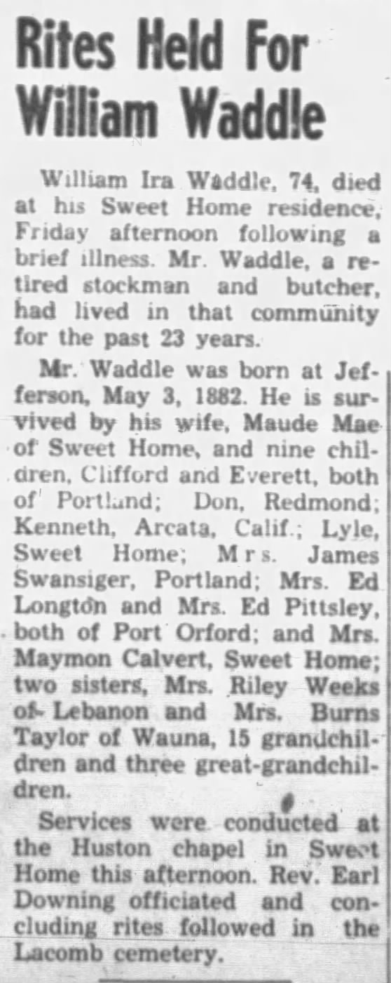 Obituary for William Ira Waddle (Aged 74)